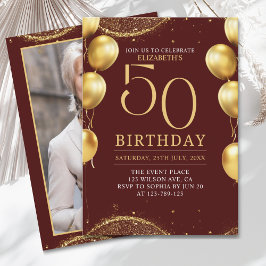 Convite Elegant Gold Glitter Birthday 50th with Balloons
