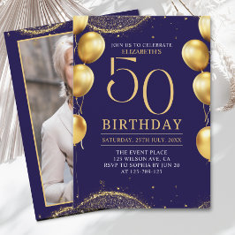 Convite Elegant Gold Glitter Birthday 50th with Balloons