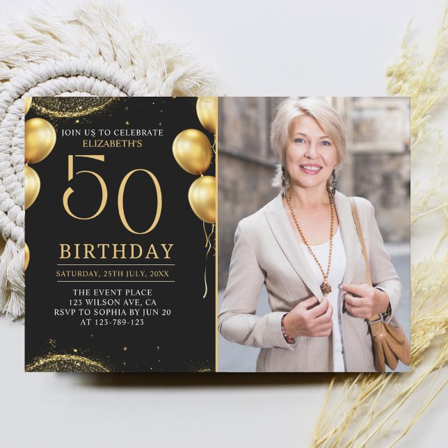 Convite Elegant Gold Glitter Birthday 50th With Photo (Criador carregado)