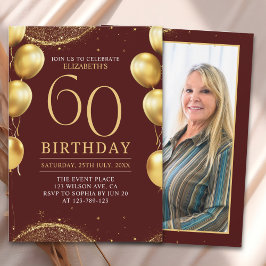 Convite Elegant Gold Glitter Birthday 60th with Balloons