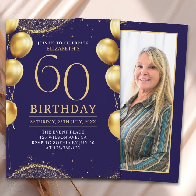 Convite Elegant Gold Glitter Birthday 60th with Balloons (Criador carregado)