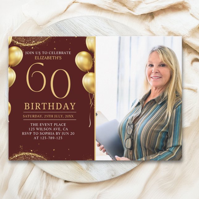 Convite Elegant Gold Glitter Birthday 60th With Photo (Criador carregado)