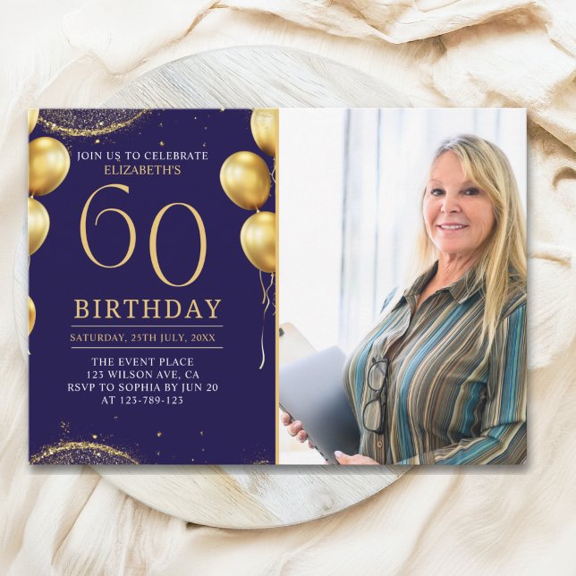 Convite Elegant Gold Glitter Birthday 60th With Photo (Criador carregado)