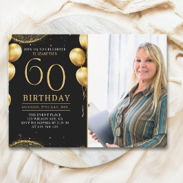 Convite Elegant Gold Glitter Birthday 60th With Photo