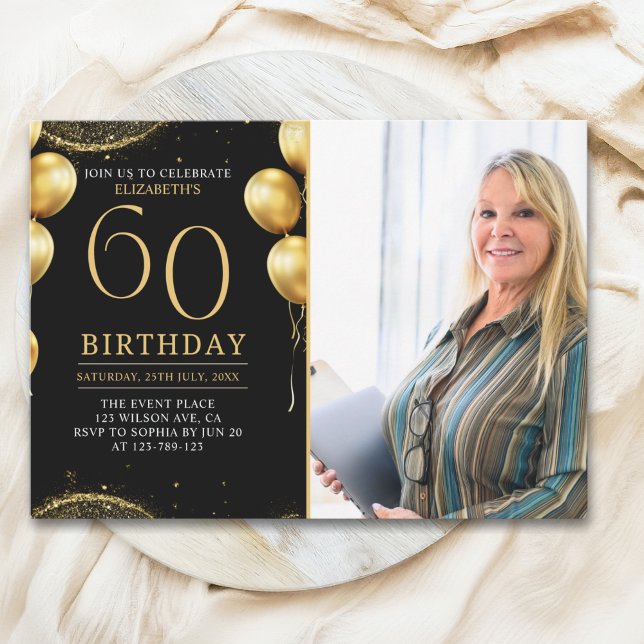 Convite Elegant Gold Glitter Birthday 60th With Photo (Criador carregado)