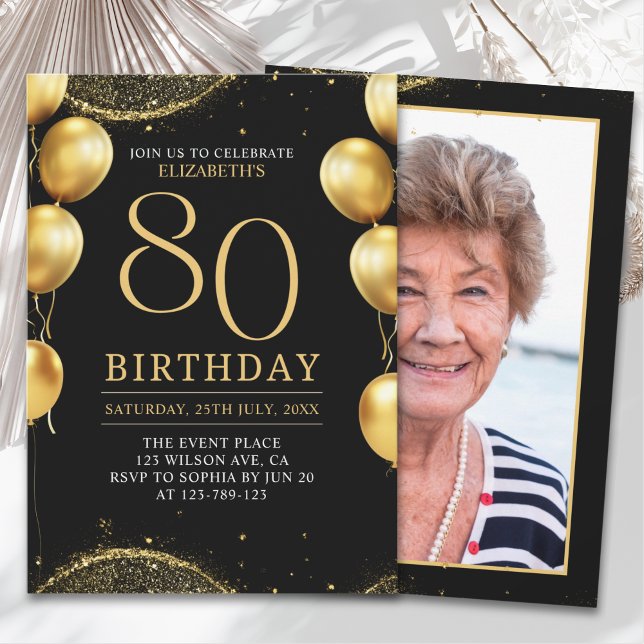 Convite  Elegant Gold Glitter Birthday 80th with Ballons (Criador carregado)
