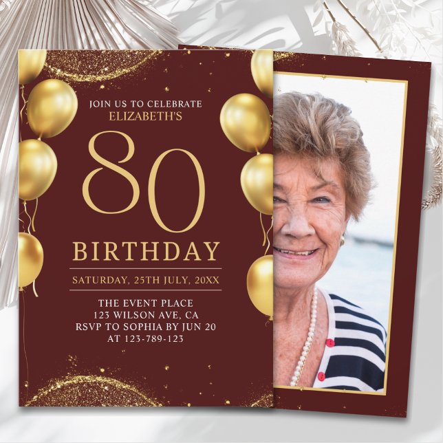 Convite  Elegant Gold Glitter Birthday 80th with Ballons (Criador carregado)