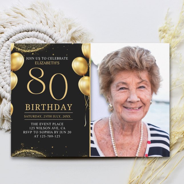 Convite Elegant Gold Glitter Birthday 80th With Photo (Criador carregado)