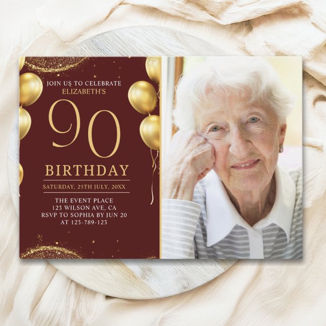 Convite Elegant Gold Glitter Birthday 90th With Photo (Criador carregado)