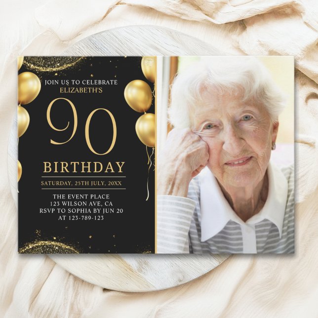 Convite Elegant Gold Glitter Birthday 90th With Photo (Criador carregado)