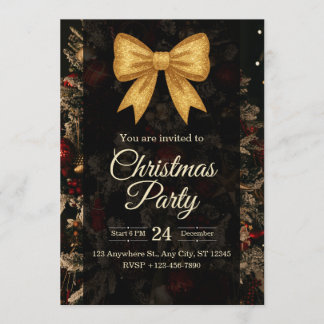 Convite Elegant Gold Glitter Bow Dark Christmas Party