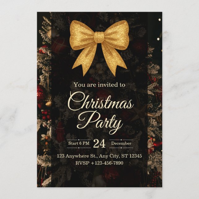 Convite Elegant Gold Glitter Bow Dark Christmas Party (Frente)