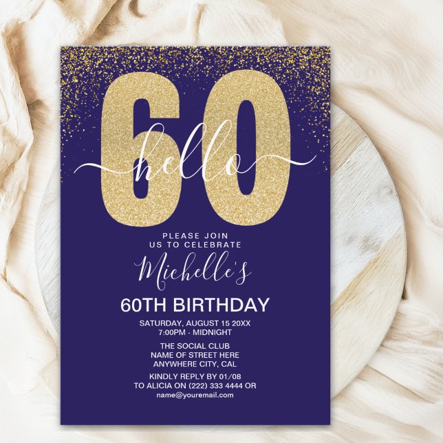 Convite Elegant Gold Glitter "Hello 60" Birthday  (Criador carregado)