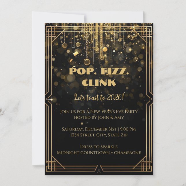 Convite Elegant Gold Glitter New Year’s Eve Invitation (Frente)