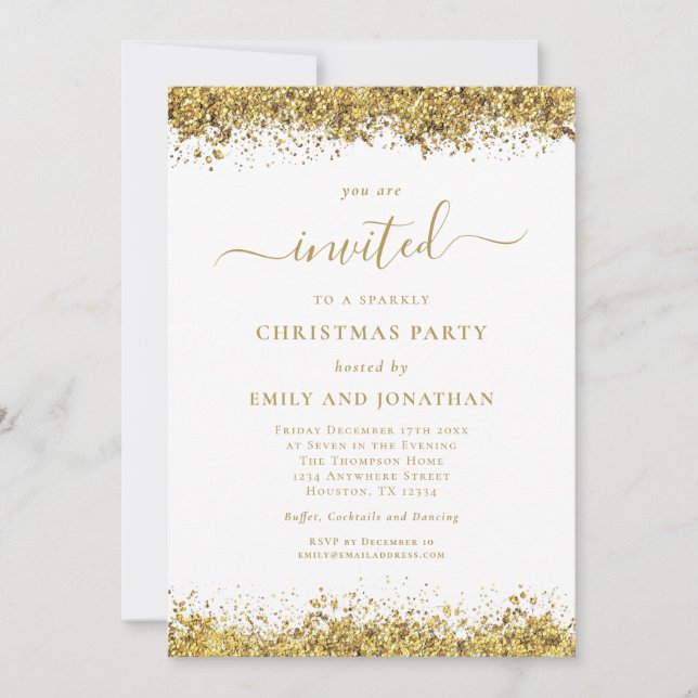 Convite Elegant Gold Glitter Script Christmas Party (Frente)