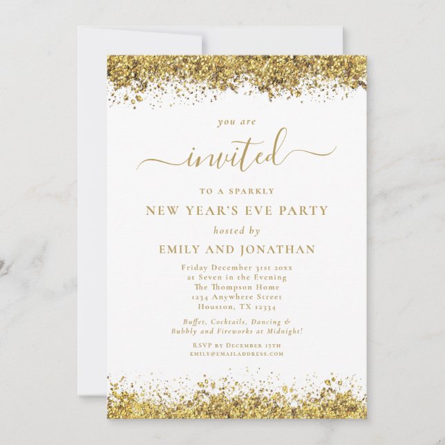 Convite Elegant Gold Glitter Script New Years Eve Party (Frente)