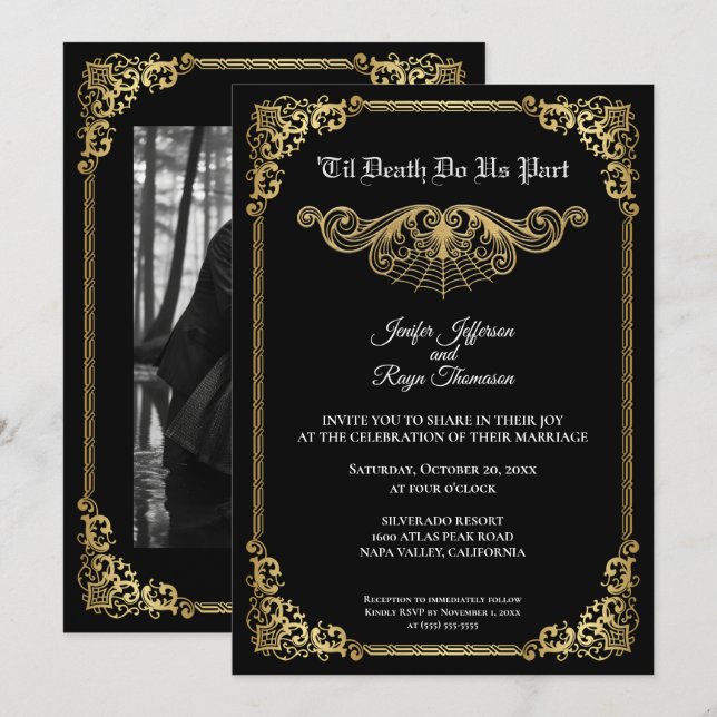 Convite Elegant gold Gothic Halloween wedding Invitation (Frente/Verso)