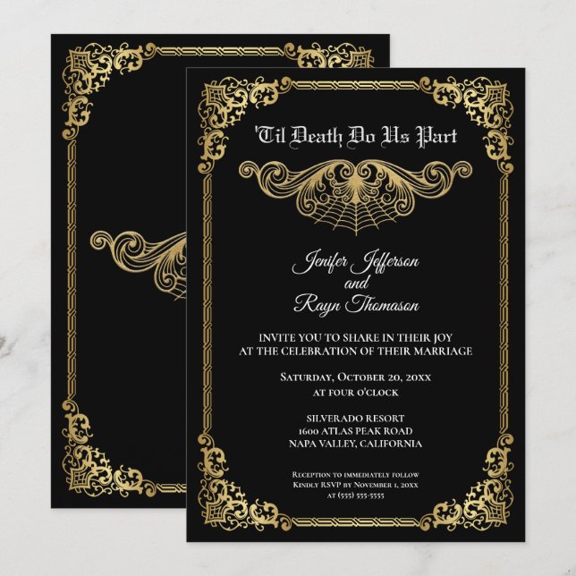 Convite Elegant gold Gothic Halloween wedding Invitation (Frente/Verso)