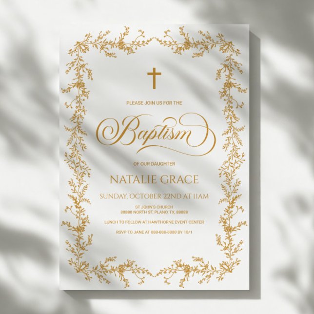 Convite Elegant Gold Hand Drawn Floral Frame Baptism (Criador carregado)
