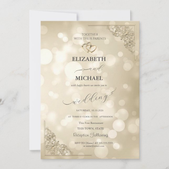 Convite Elegant Gold Hearts Frame Bokeh Wedding (Frente)