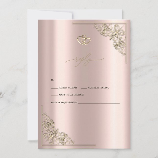 Convite Elegant Gold Hearts Rose Gold Wedding RSVP   (Frente)