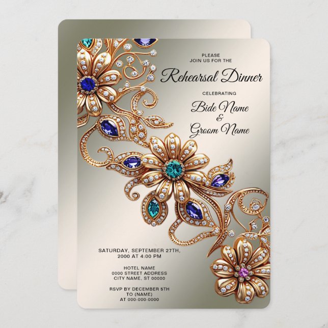 Convite Elegant Gold Jewel Flowers Rehearsal Dinner (Frente/Verso)