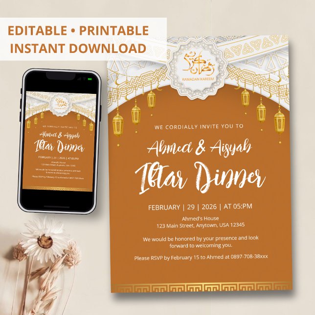 Convite Elegant Gold Lantern Islamic Pattern Ramadan iftar (Criador carregado)