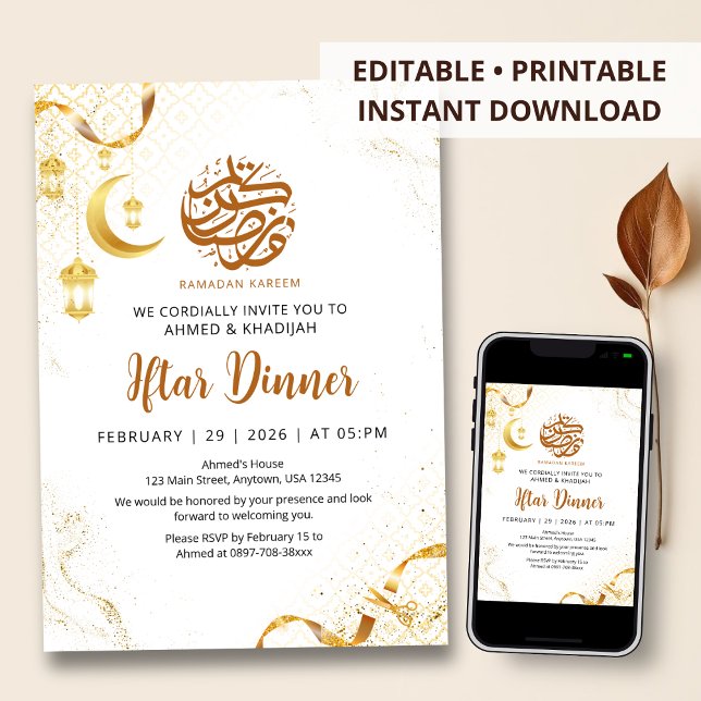 Convite Elegant Gold Lantern & Ribbon Ramadan Iftar Dinner (Criador carregado)