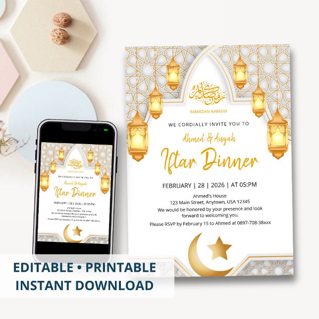 Convite Elegant Gold Lantern & White Geometric Arch Iftar  (Criador carregado)