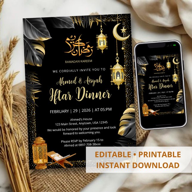 Convite Elegant Gold Lanterns and Monstera Ramadan Iftar (Criador carregado)