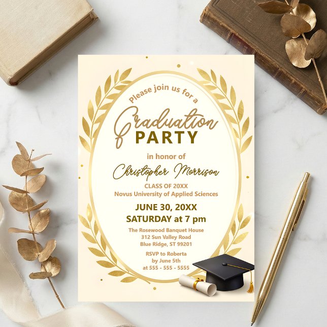 Convite Elegant Gold Laurel Wreath & Cap Graduation Party (Criador carregado)