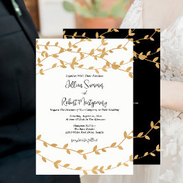 Convite Elegant Gold Leaves Black White Wedding