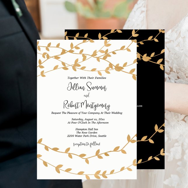 Convite Elegant Gold Leaves Black White Wedding (Elegant Gold Leaves Black White Wedding Invitation with RSVP)