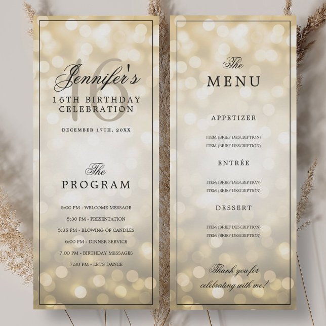 Convite Elegant Gold Lights 16th Birthday Program Menu  (Elegant Gold Lights 16th Birthday Program Menu )