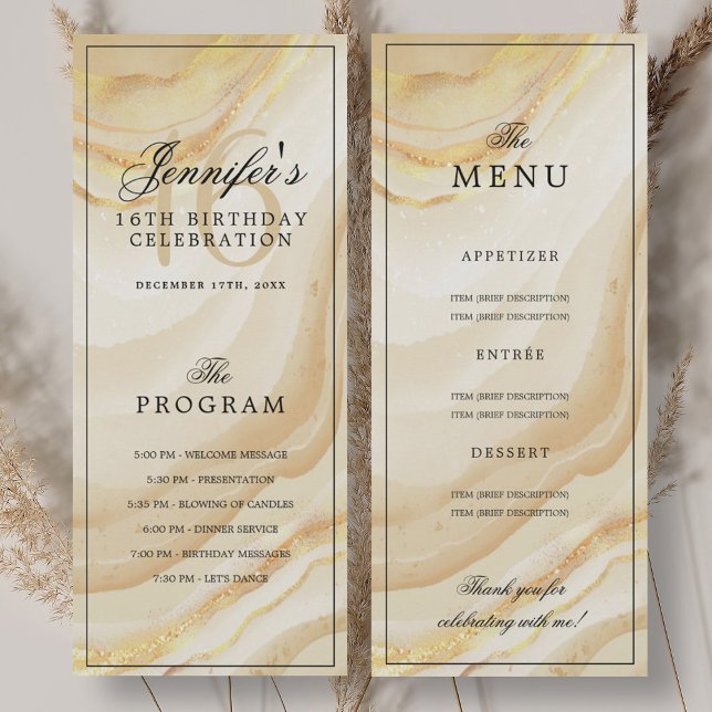 Convite Elegant Gold Marble 16th Birthday Program Menu  (Elegant Gold Marble 16th Birthday Program Menu)