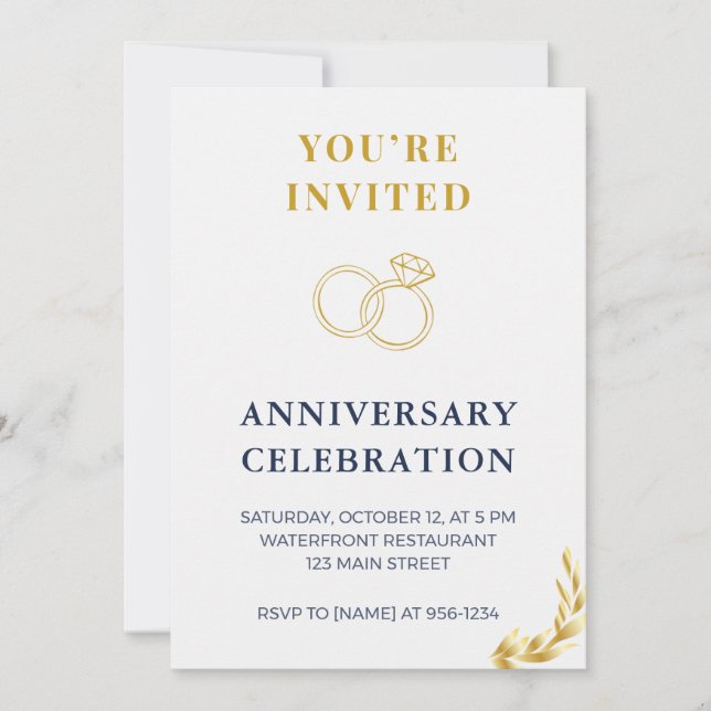 Convite Elegant Gold & Navy Wedding Anniversary Invitation (Frente)