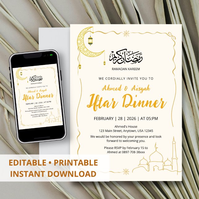 Convite Elegant Gold Ramadan Kareem Iftar Dinner (Criador carregado)