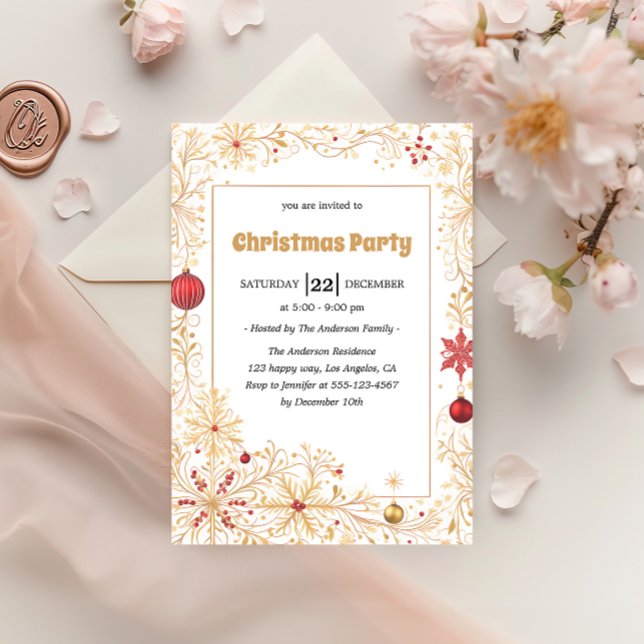 Convite Elegant Gold & Red Ornaments Christmas Party       (Criador carregado)