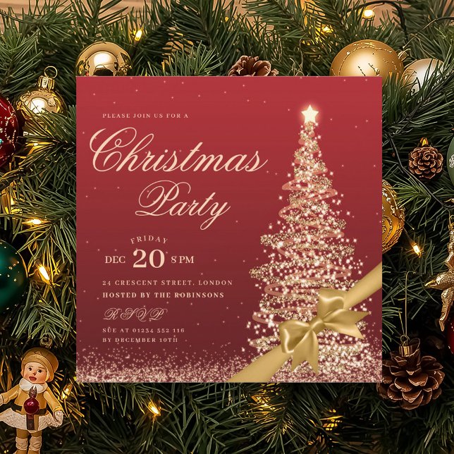 Convite Elegant Gold Red Winter Christmas Tree Bow Party  (Elegant Gold Red Winter Christmas Tree Bow Party Invitation)