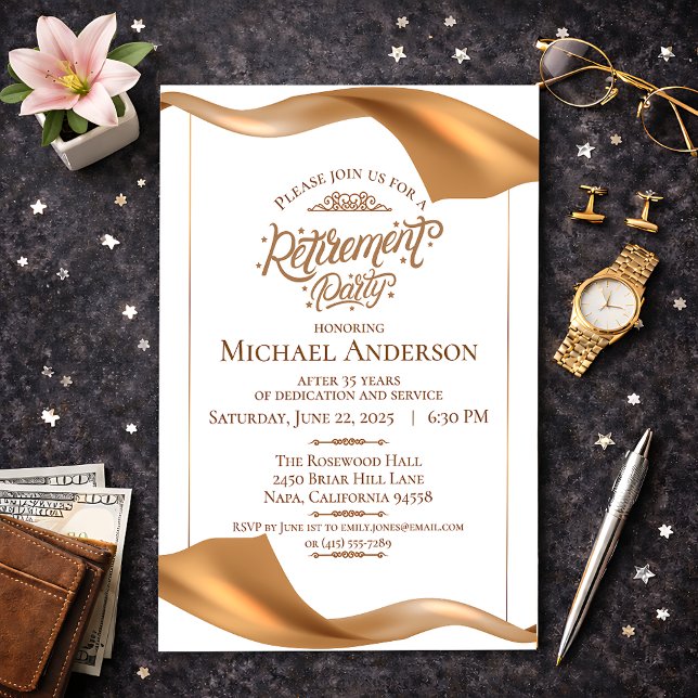 Convite Elegant Gold Retirement Party Invitation (Criador carregado)