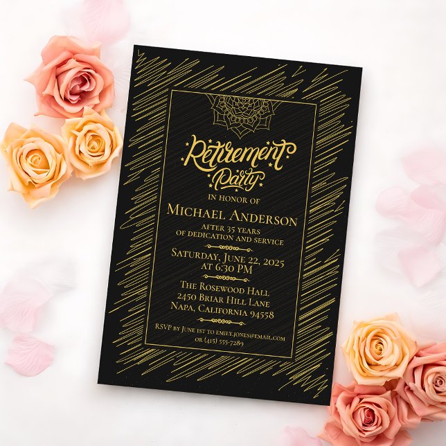 Convite Elegant Gold Scribble Retirement Party Invitation (Criador carregado)