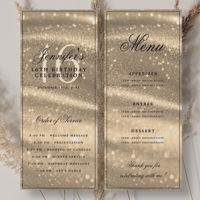 Convite Elegant Gold Sparkle 16th Birthday Program Menu (Elegant Gold Sparkle 16th Birthday Program Menu)