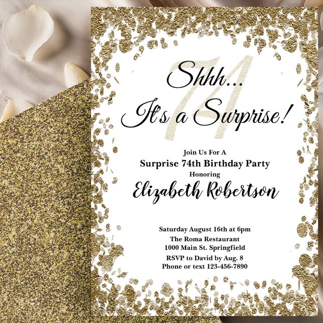 Convite Elegant Gold Surprise 74th Birthday Invitation (Criador carregado)