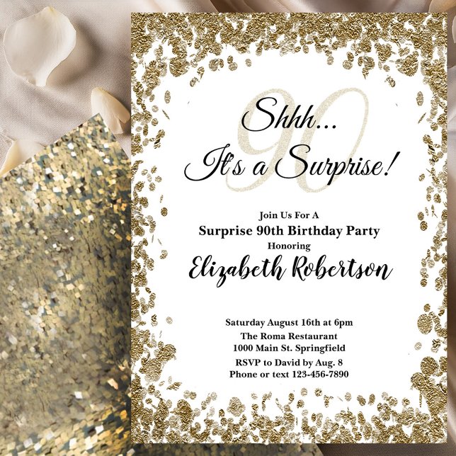Convite Elegant Gold Surprise 90th Birthday Invitation (Criador carregado)