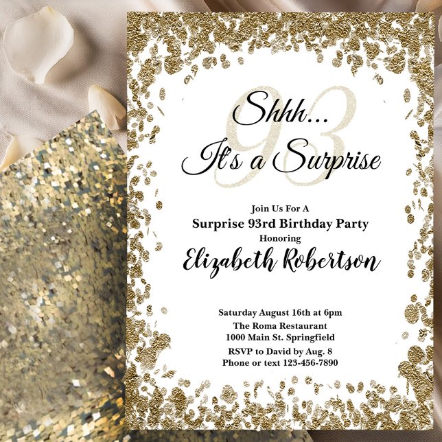 Convite Elegant Gold Surprise 93rd Birthday Invitation (Criador carregado)