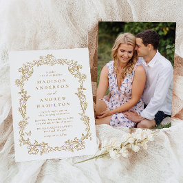 Convite Elegant Gold Victorian Floral Photo Wedding