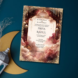 Convite Elegant Gold Vintage Maroon Indian Wedding