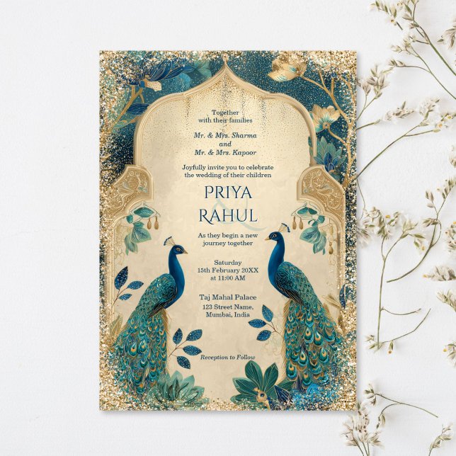 Convite Elegant Gold Vintage Peacocks Indian Wedding (Vintage  indian wedding invitation with peacocks)