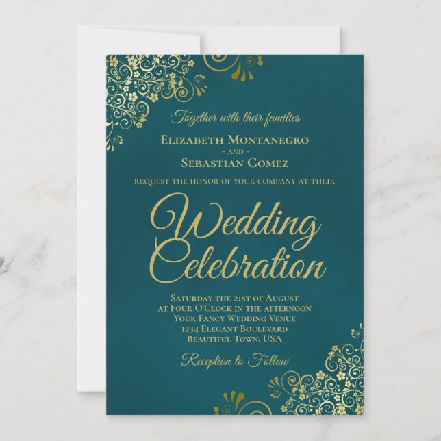 Convite Elegant Golden Curls on Teal QR Code Wedding (Frente)