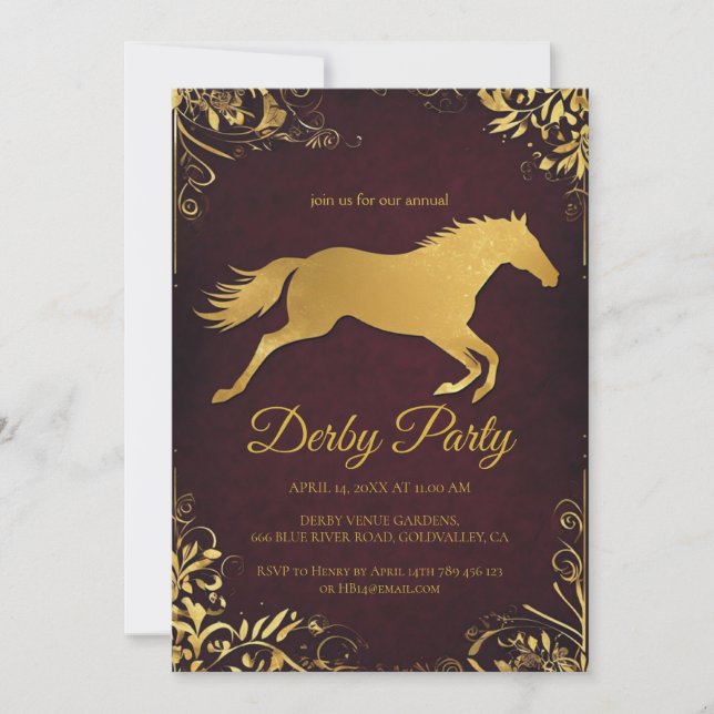Convite Elegant Golden Derby Party Invitation with Horse D (Frente)
